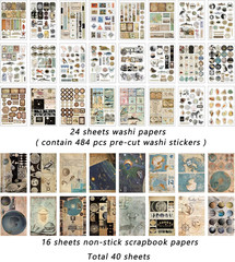 Vintage Aesthetic Washi Stickers and Papers for Scrapbooking,40 Sheets Ephemera