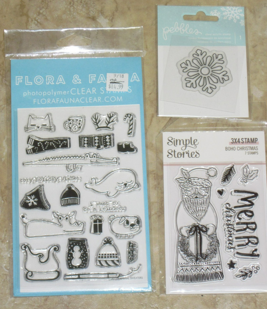 Flora & Fauna Simple Stories Pebbles Stamp Sets LOT Santa Animal Sweaters Snow