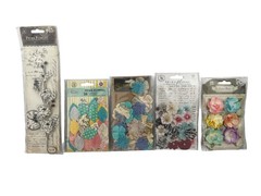 5 Pkg Lot Prima Marketing Paper Fabric Flower Embellishments Scrapbooking Crafts