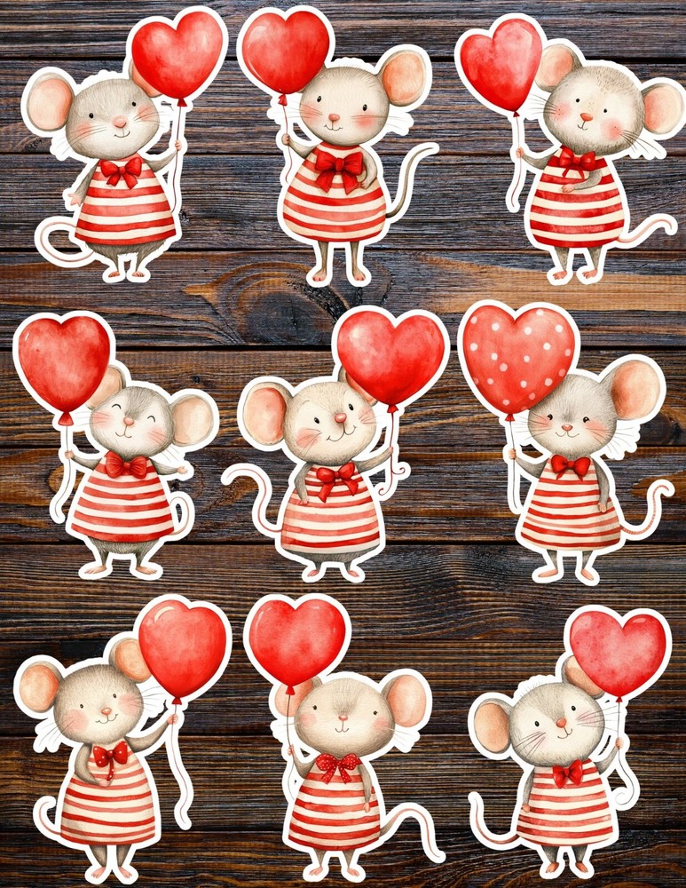 Cute Valentines Mouse Die Cut Vinyl Stickers Set Scrapbooking Laptop Waterbottle