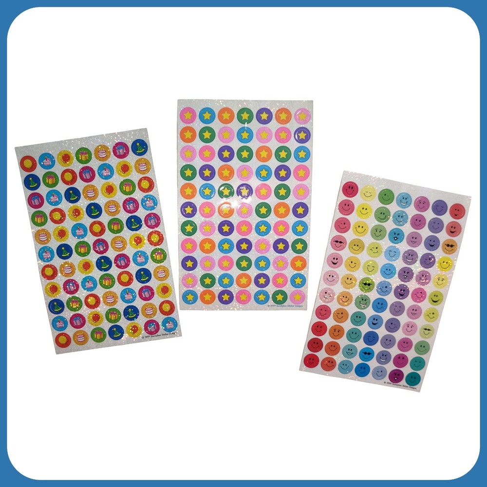 3 Sheets Vintage 1999 Sandylion Kromekote Prismatic Stickers Party/Stars/Smiley