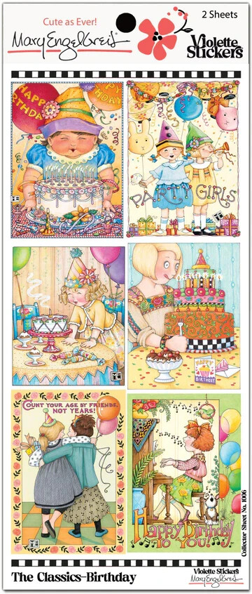 Mary Engelbreit Stickers 2 Sheets Whimsical Birthday Party Girls Cake Balloons