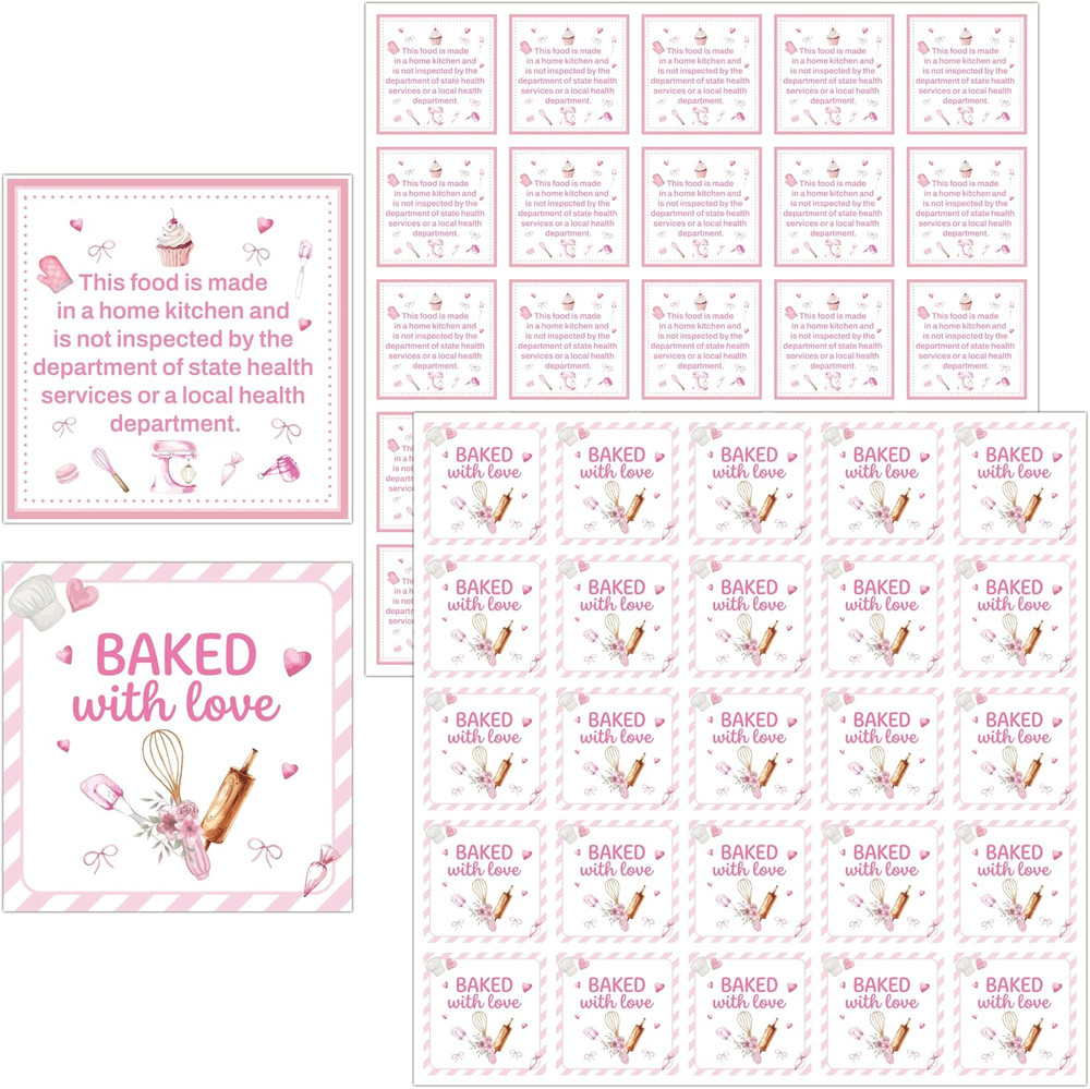 Cottage Food Law Labels Stickers – 1000 Count Baked with Love Adhesive Square De