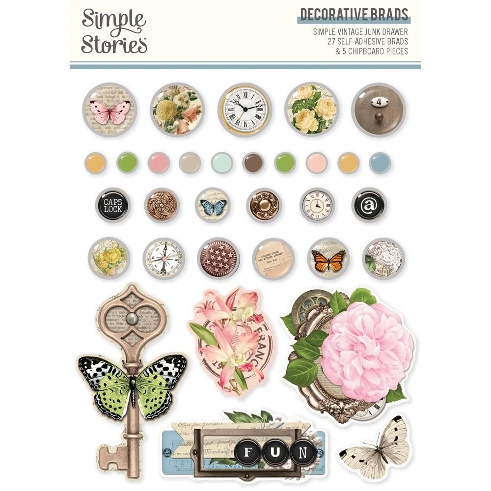 Decorative Brads SS Vintage Junk Drawer Butterflies Key Clocks Flowers