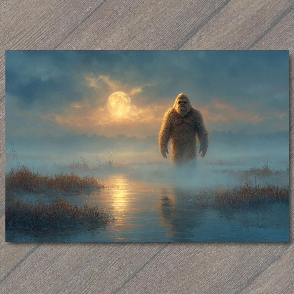 STICKER Bigfoot Moonlit Marsh Foggy Lake Creature Silhouette Night Wilderness