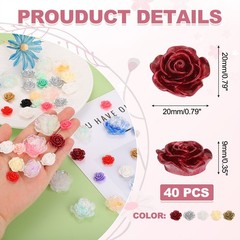20mm Resin Rose Flatback Charms, 40 Pcs Cabochon Embellishment, Mixed Colors