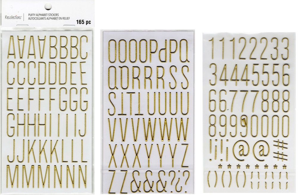 Alphabets, Gold puffy, scrapbook stickers, 4×7″ – Recollections #665518