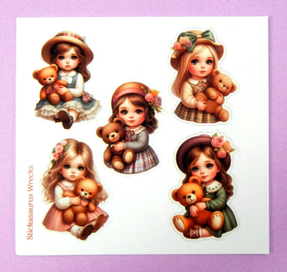 Vintage Little Girls & Teddy Bears Mini Sticker Sheet Style 2
