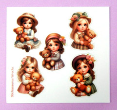 Vintage Little Girls & Teddy Bears Mini Sticker Sheet Style 2