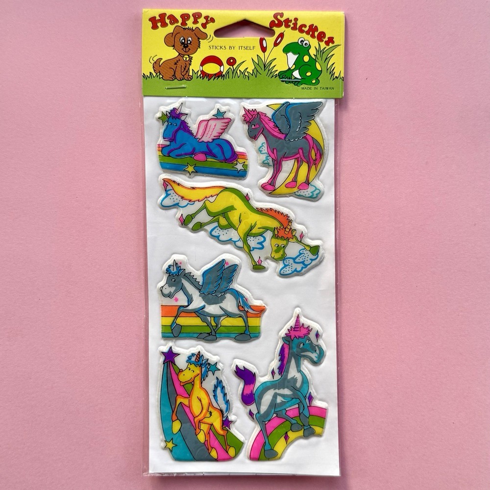 Vintage Stickers Puffy Happy Colourful Rainbow Unicorns Sealed Sheet Scrapbook B