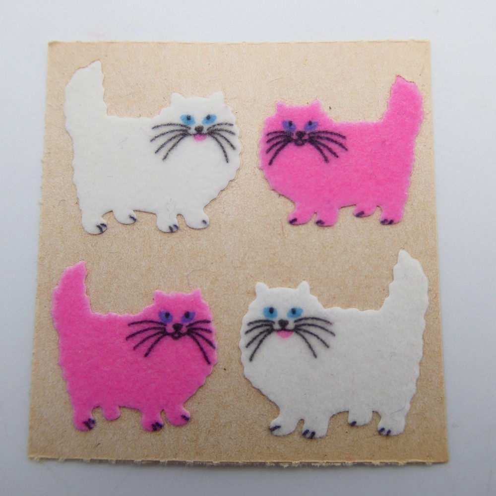 Sandylion Fuzzy Flocked Pink and White Cat Kitten Stickers Vintage 1982