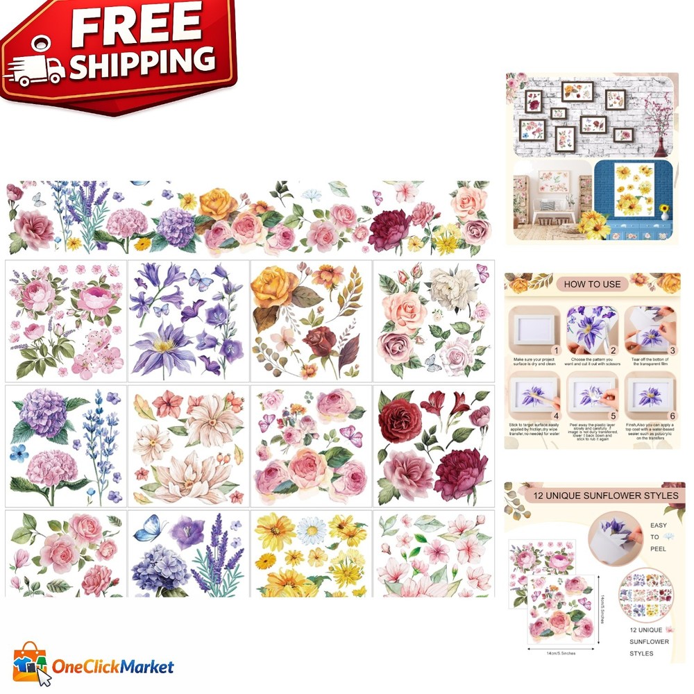 Floral Rub on Transfers: 12 Sheets for Vivid Craft and Home Decor, 5.5×5.7 Inch