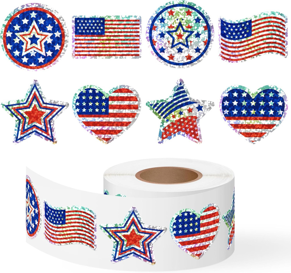 500 Holographic American Flag Star Stickers Self-Adhesive for 4Th of July Crafts