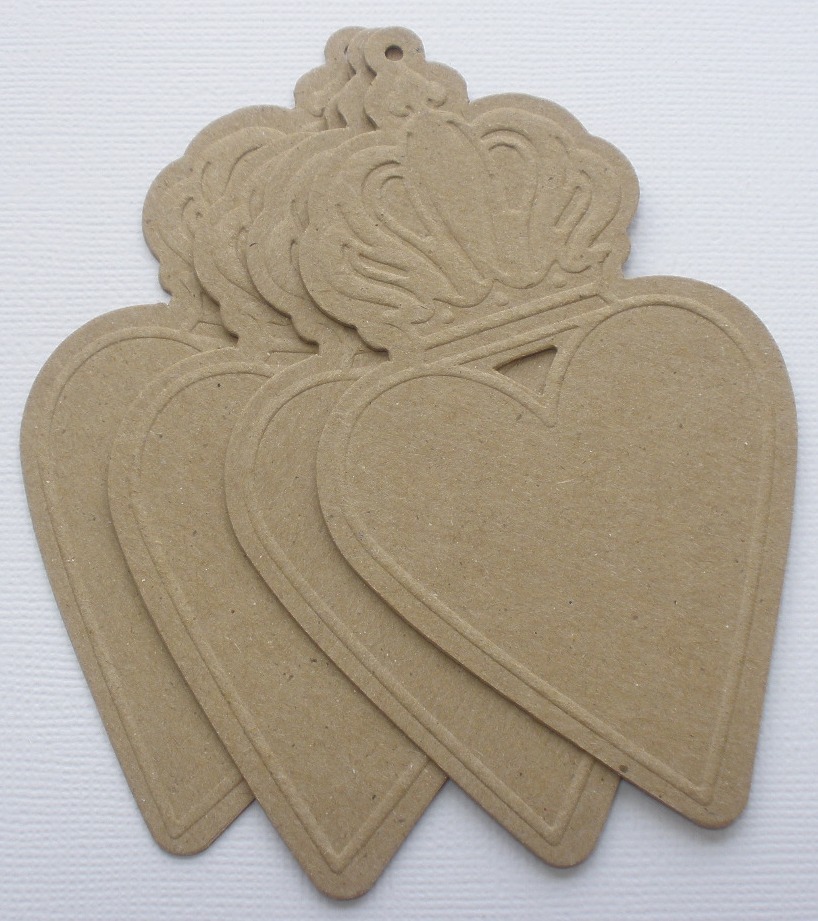{4} EMBOSSED HEART CROWN Vintage Hearts Bare Chipboard Die Cuts – 2 3/8 x 4 1/2