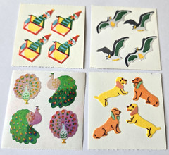 4 Vintage Sticker Modules Great Seven 7 Stickers Flocked Mylar Peacock Dog