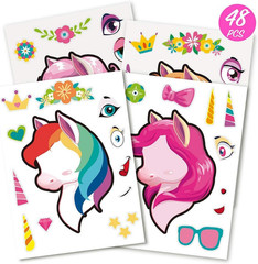 48 PCS Unicorn Stickers, Party Favors for Kids, Make a Face Sticker Sheets