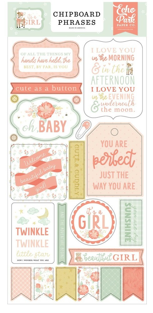 Echo Park Paper IT’S A GIRL Baby Shower 6×13 Sheet of Chipboard Phrases