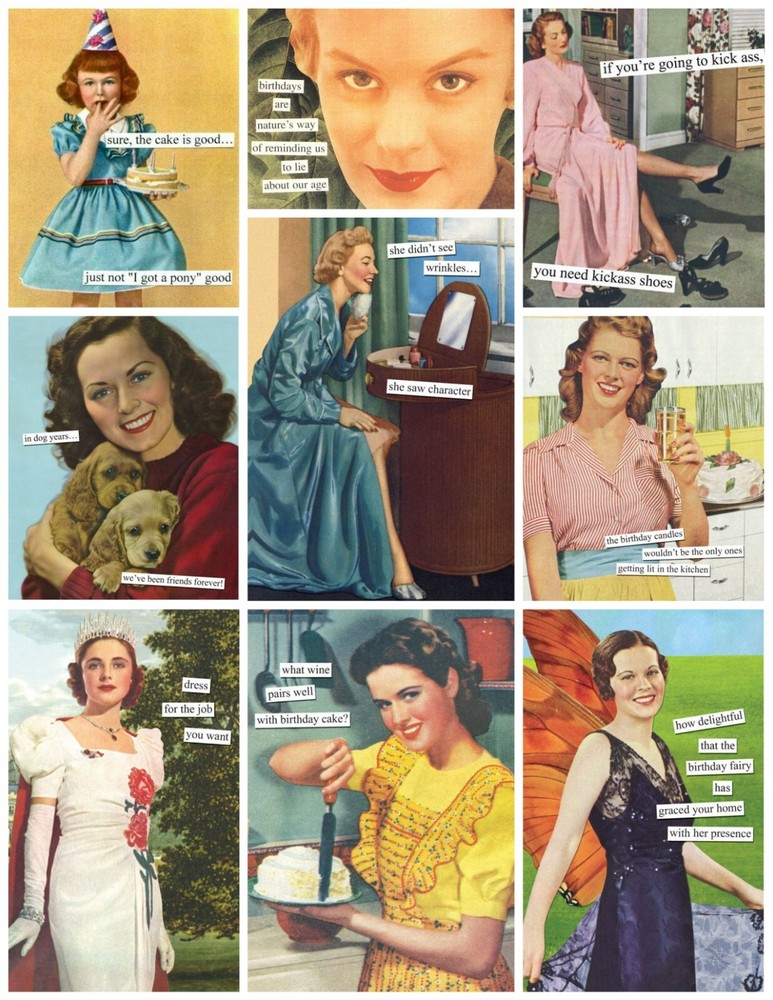 Set of 9 Retro Vintage Sarcastic Greeting STICKERS – Just Cut & Use!