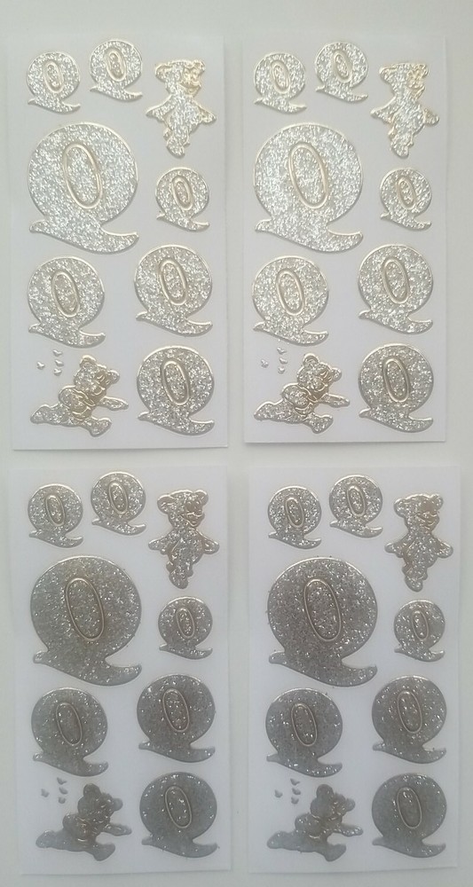 Set of 4 sheets of vintage introduct glitter stickers «Q» discontinued Germany