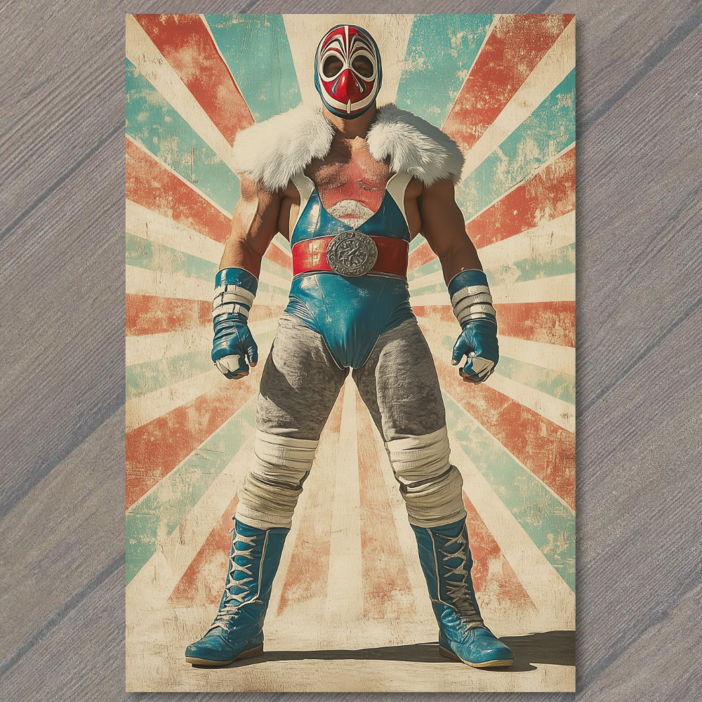 STICKER Luchador Red Blue Mask Hero Belt Cape Gloves Vintage Starburst Muscles