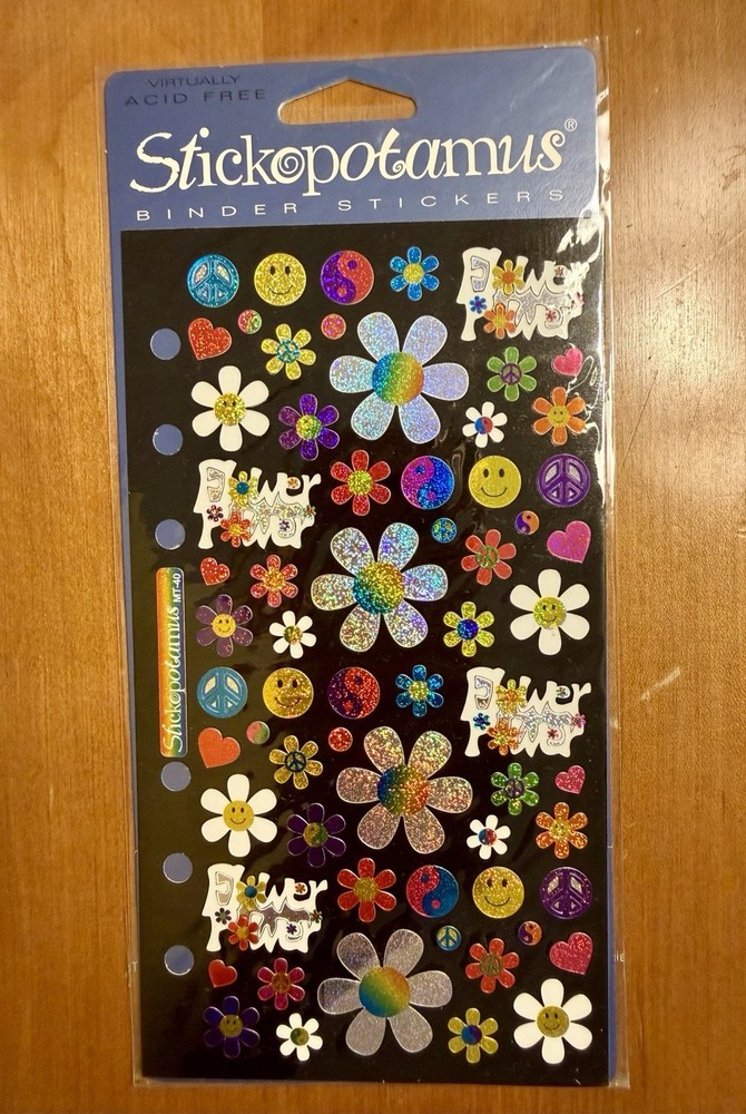 vintage stickopotamus * flower power peace happy * binder stickers – nip