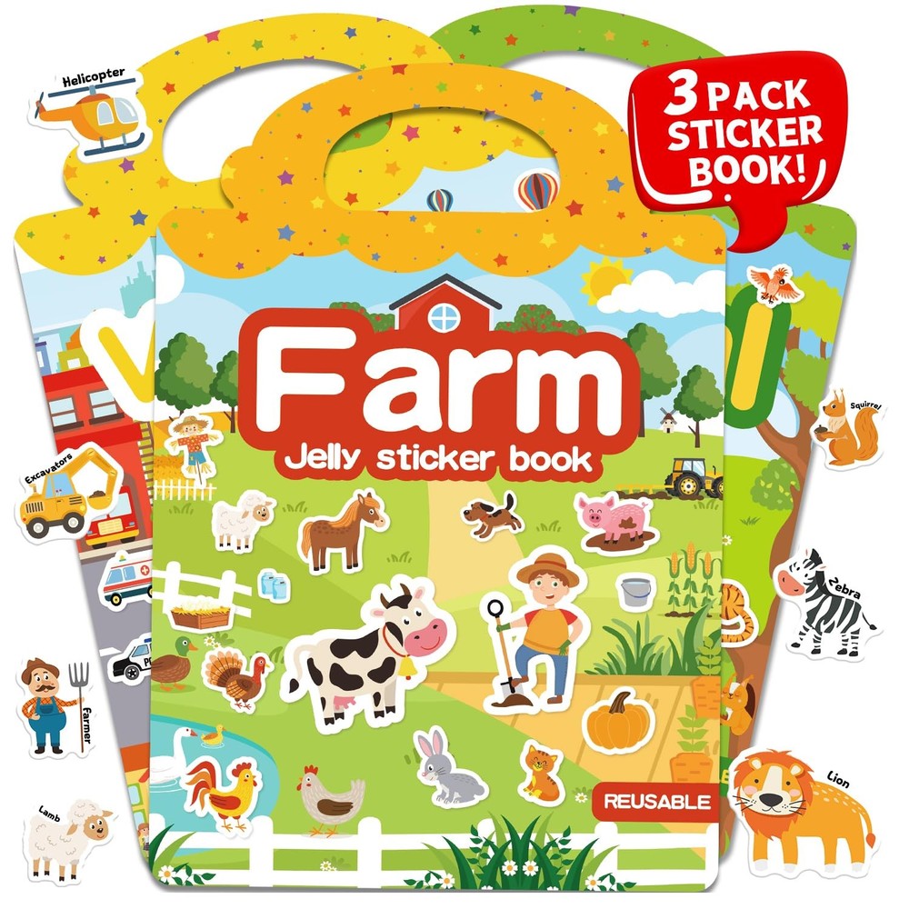 3-Pack Reusable Jelly Sticker Books for Kids 3-6 | Travel Farm, Vehicle & Animal