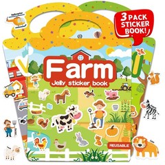 3-Pack Reusable Jelly Sticker Books for Kids 3-6 | Travel Farm, Vehicle & Animal