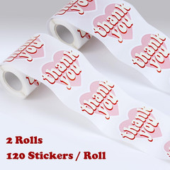 2.4 Inch Pink Heart Shaped Thank You Stickers 2 Rolls for Small Business 240 Pcs