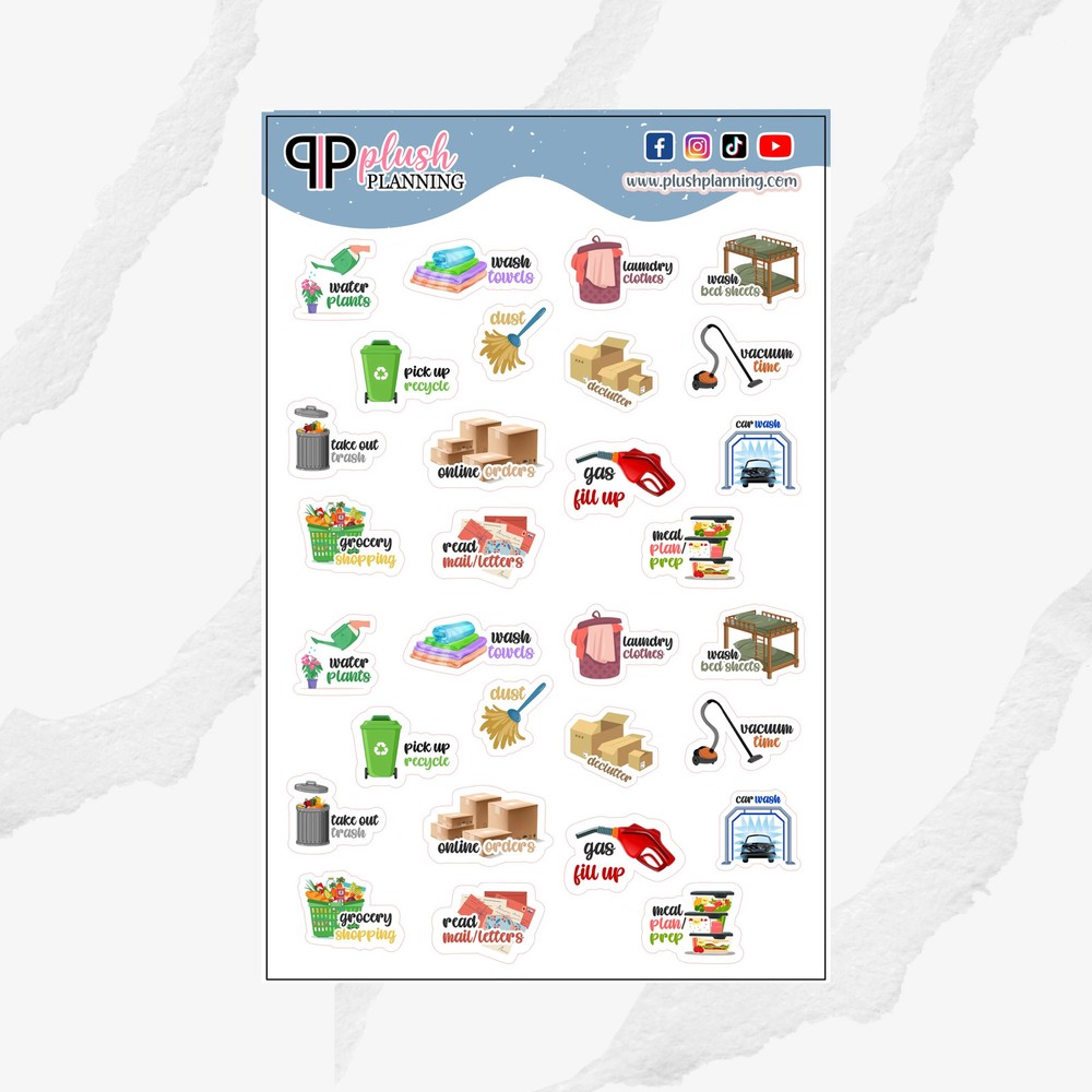 Large Size Chores Icons Essentials with Scripts Planner Stickers, Functional