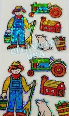 HAMBLY STUDIOS VINTAGE PRISMATIC GLITTER STICKERS PEOPLE, FARMER, TRACTOR, PIG.