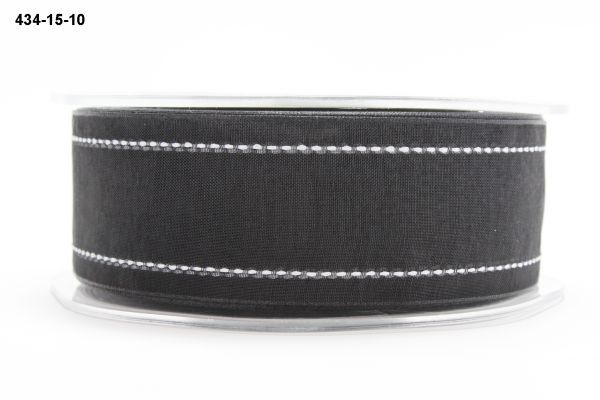 MAY ARTS RIBBONS~SHEER BLACK RIBBON W/WHITE STITCHED EDGES~ 1.5 INCH X 1 YARD!