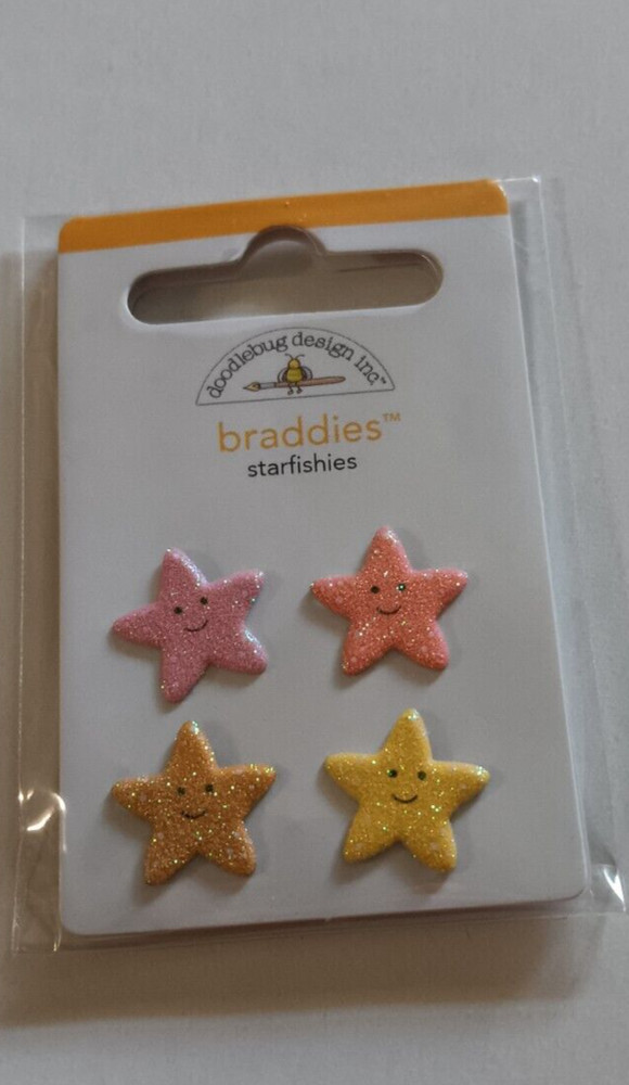 Crafts Doodlebug Brads Braddies Starfishies Starfish X 4 Pink Orange Glitter