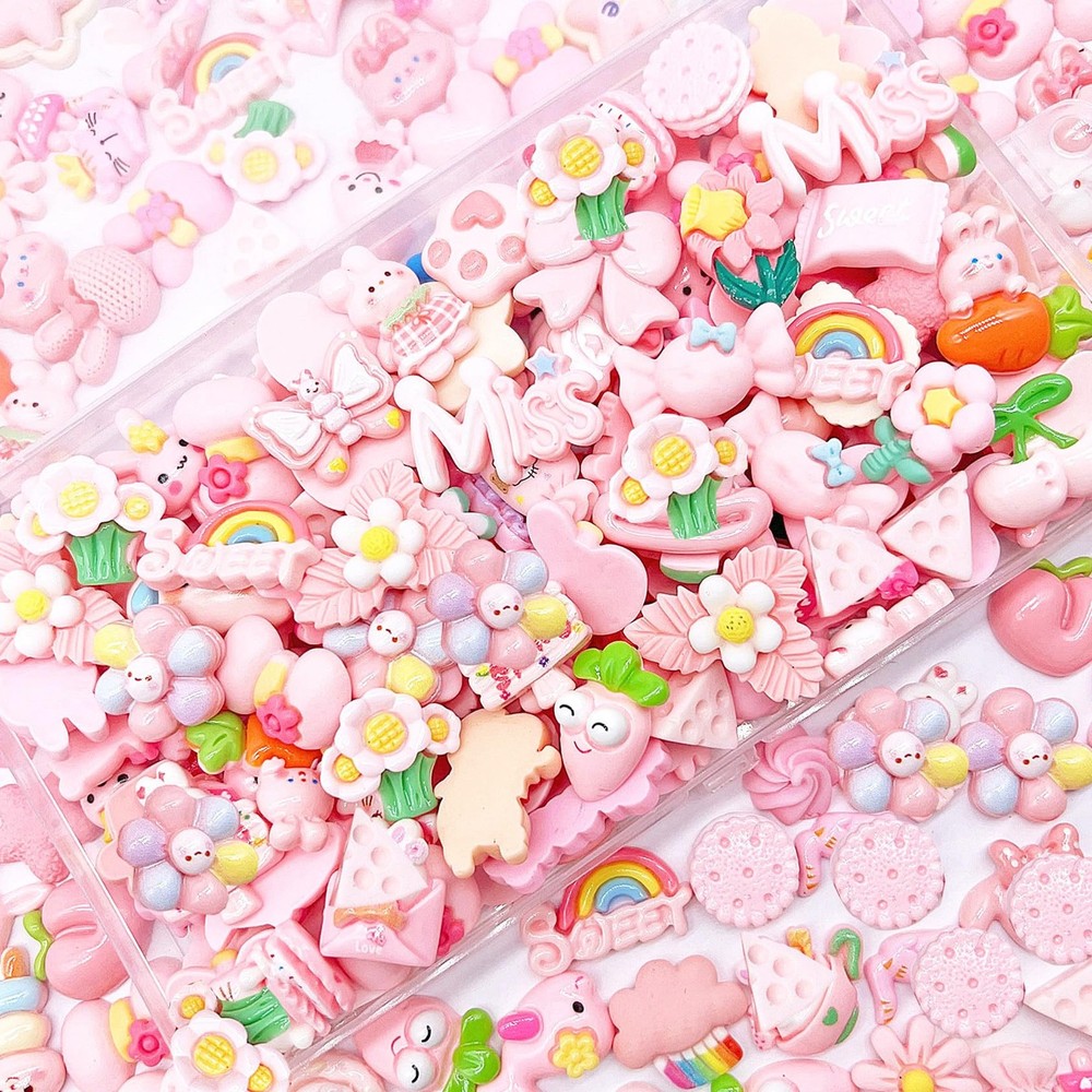 JINDUODUO 100Pcs Flatback Resin Slime Charms, Kawaii Assorted Medium, pink