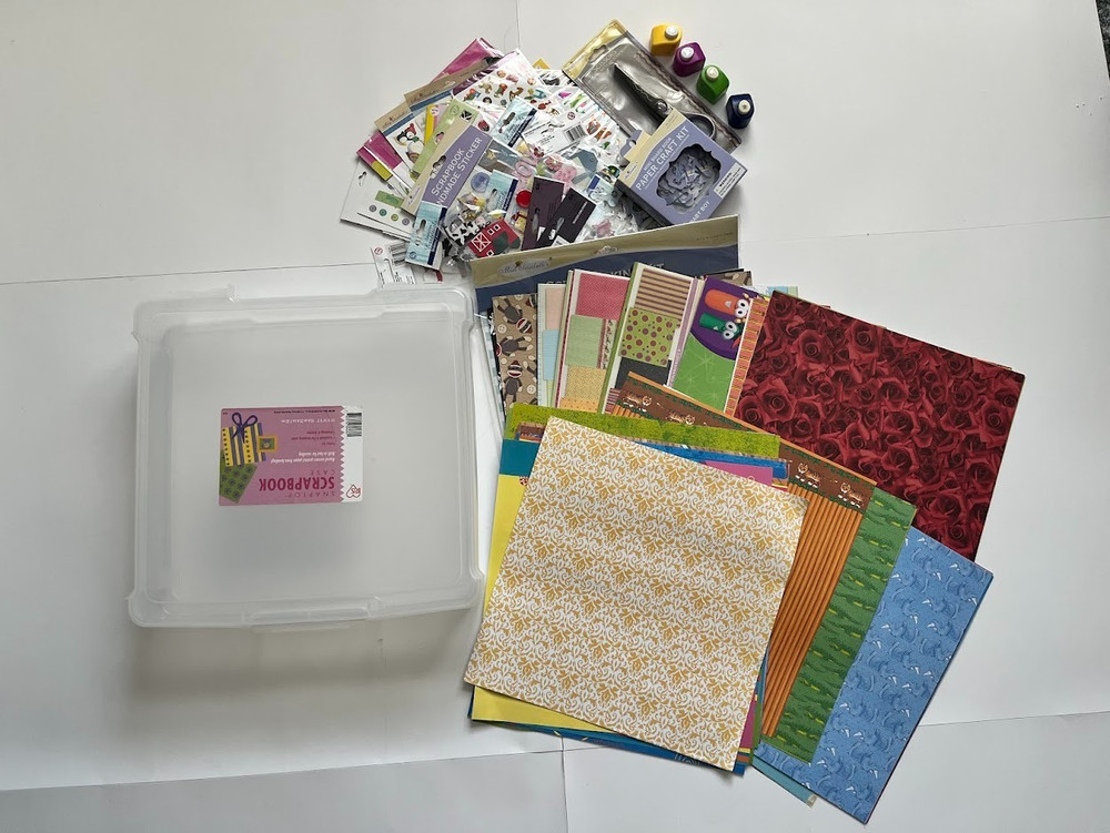Scrapbooking Supplies lot – Paper, Stickers & Clear Case – Mixed Brands