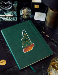 Radiant New Hampshire Sticker – Gold Foil Moose, Cabin, Lake, and Mountain Art