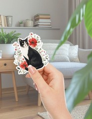 Tuxedo Cat in Flowers Vinyl Stickers Set Scrapbooking Laptop Waterbottle