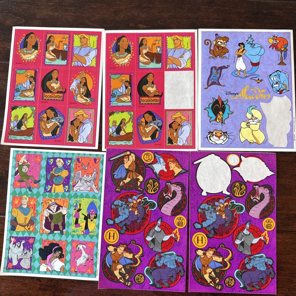 VTG 90s Disney Hercules Notre Dame Pocahontas Aladdin Stickers 6 Sheets