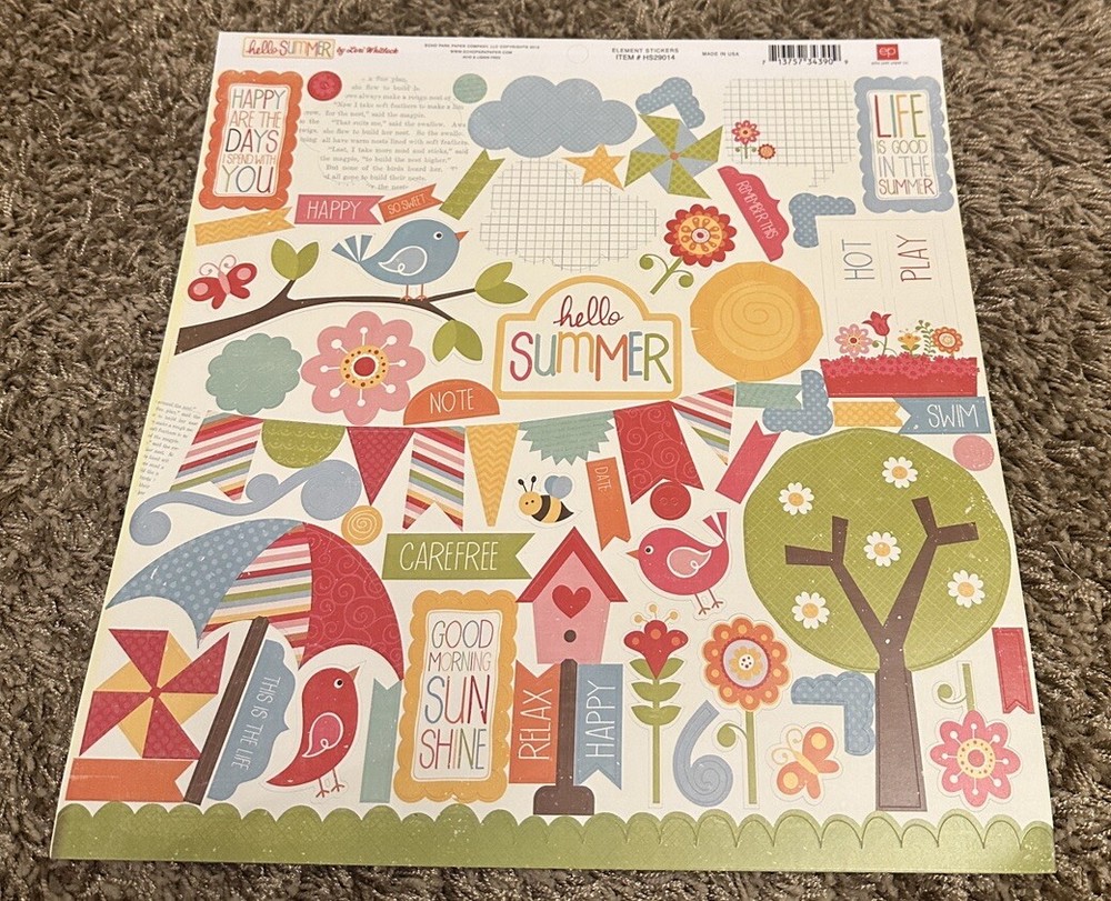 Echo Park HELLO SUMMER 12×12 Sticker Sheet Birds. Flowers Clouds Umbrella Banner