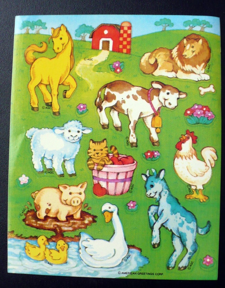 VINTAGE 1991 AGC FARM ANIMALS 1 SHEET 19 STICKERS COW SHEEP HORSE DOG PIG CHICKS