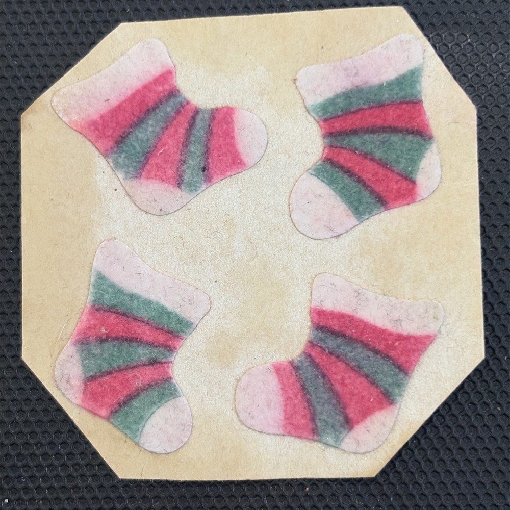 VINTAGE SANDYLION FUZZY CHRISTMAS STOCKING STICKER 4.25 SHIPS ALL