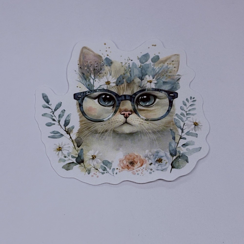 Cute Cat W/ Glasses Animal Sticker Vinyl Decal Journal Wall Decor Floral Art Tc6