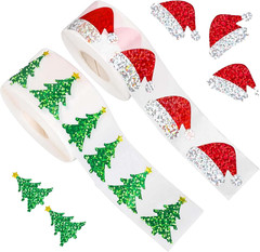 1000 Christmas Stickers: 500 Glitter Santa Hat & 500 Green Tree Decals