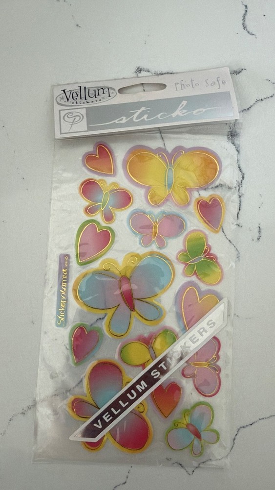 Sticko Photo Safe Vellum Butterflies/Hearts Different Sizes/Colors Scrapbooking