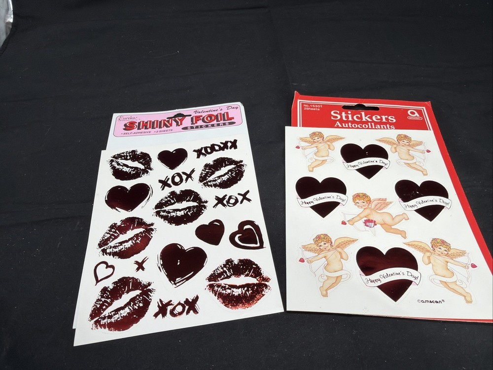Vintage Eureka Shiny Foil Valentines Day Stickers Lips Hearts Cupids