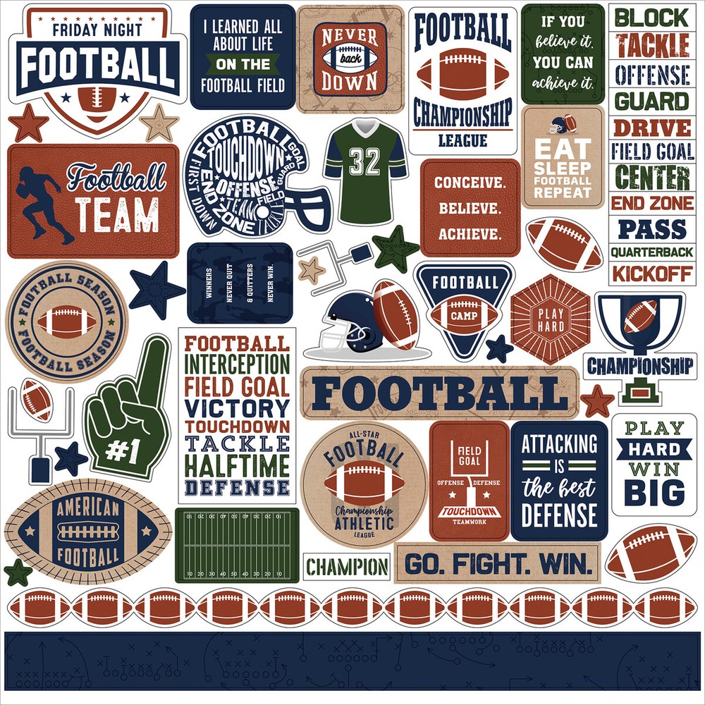 (1) 12×12 Sheet of Echo Park Paper FOOTBALL Theme Scrapbook Element Stickers