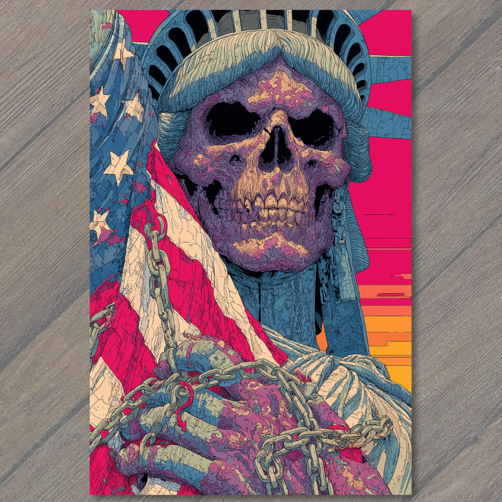 STICKER Liberty Skeleton Chains Purple Skull Neon Flag Horror Dystopian USA