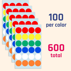 600 Pack, 1″ round Colored Dot Stickers Labels – 6 Colors