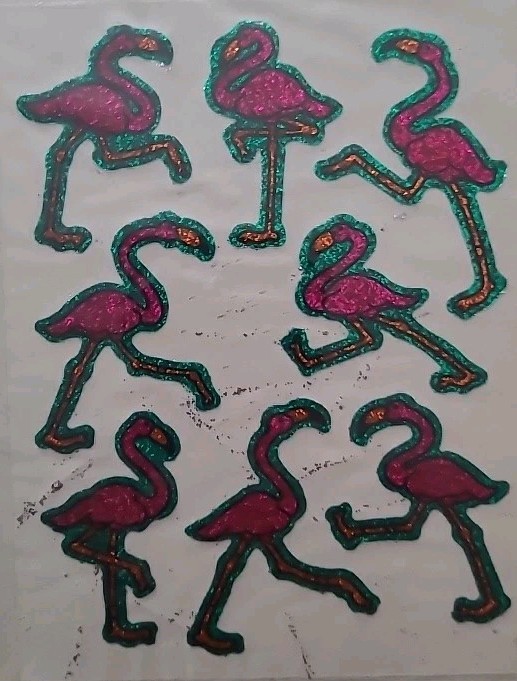 NEW VTG 80’s HALLMARK RAZZLE DAZZLE Glitter Flamingos Sticker Sheet