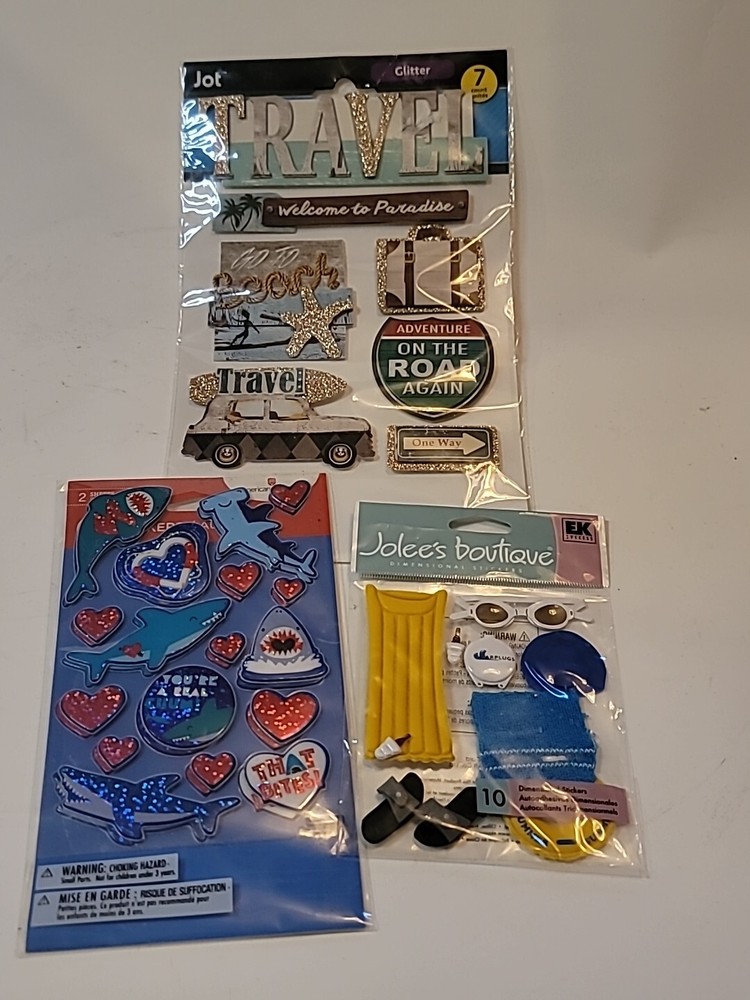 Travel Stickers Lot of 3 Packs Jolee’s 3-D Beach/Pool Vacation Puffy Sharks Jot