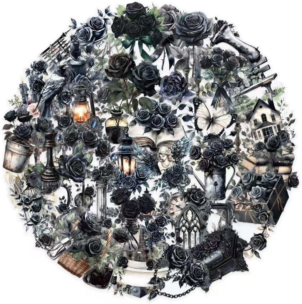 50 Pcs Dark Aesthetic Gothic Transparent Stickers,Black Rose Flower Stickers Pac